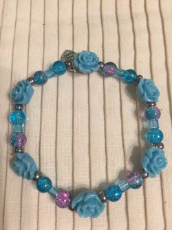 Handmade Stretch Bracelet with Glass Beads, and Blue Rose Beads (106)