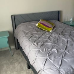 Queen bed and mattress in new condition never been used. Comes with bed, mattress, mattress cover, sheets pillows and bed comforter night stands and d