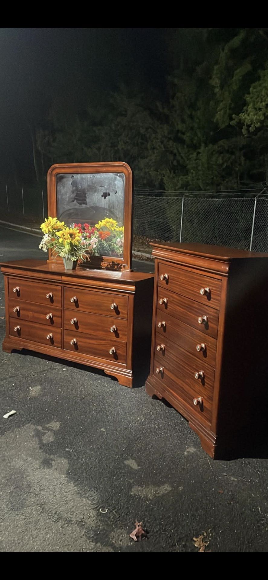 Solid Wood Set: Long Dresser, Big Drawers, Big Mirror, Tall Chest. Drawers Working Well . Delivery Available 