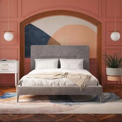 King Size Upholstered Platform Bed – Light Gray Velvet – New in Box