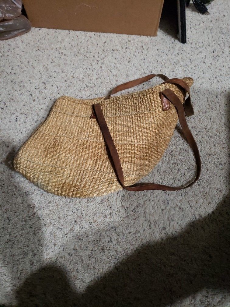 Woven Handbag With Leather Straps