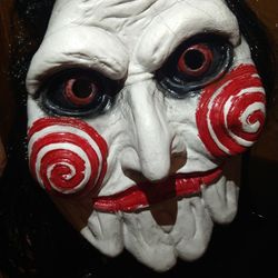 Jigsaw Billy the Puppet Overhead Latex Mask with Wig / SAW - I WANT TO PLAY A GAME - HALLOWEEN MASK
