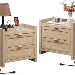 Rattan Nightstands Set of 2 Bedside Table - Bedroom Night Stand with Type-C Charging Station, 2 Drawers Storage - Boho Night Stands End Table for Bedr