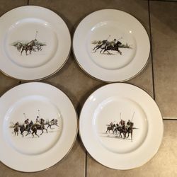 Ralph Lauren “Polo Scene” Bone China Dinner Plates Set Of 4 Gold Trim England Sport Of Kings, Esquestrian Collector Plates 