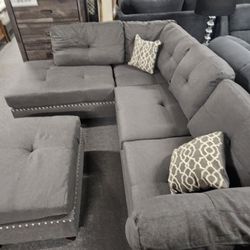 Brand New 104" x 75" Dark Gray Linen Reversible Sectional + Ottoman