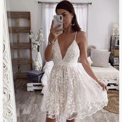 LARGE ALL WHITE Summer Deep V Neck Boho Dress Sleeveless Lace Casual Backless Spaghetti Straps Flowy Beach Sundress