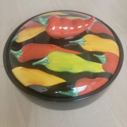 Clay Art Caliente Hot Red Peppers Ceramic Tortilla Warmer Covered Casserole Dish