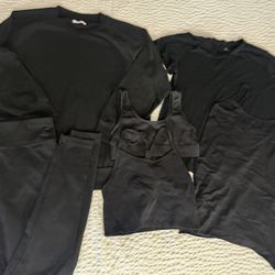 Womans Size Medium 6 Piece Set  Black. Sweater, Yoga Pants, Tee Shirt, Tank Top, 2 Sports Bras Size Medium $12