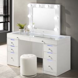 White Vanity Makeup W/ Stool and LED Lights
