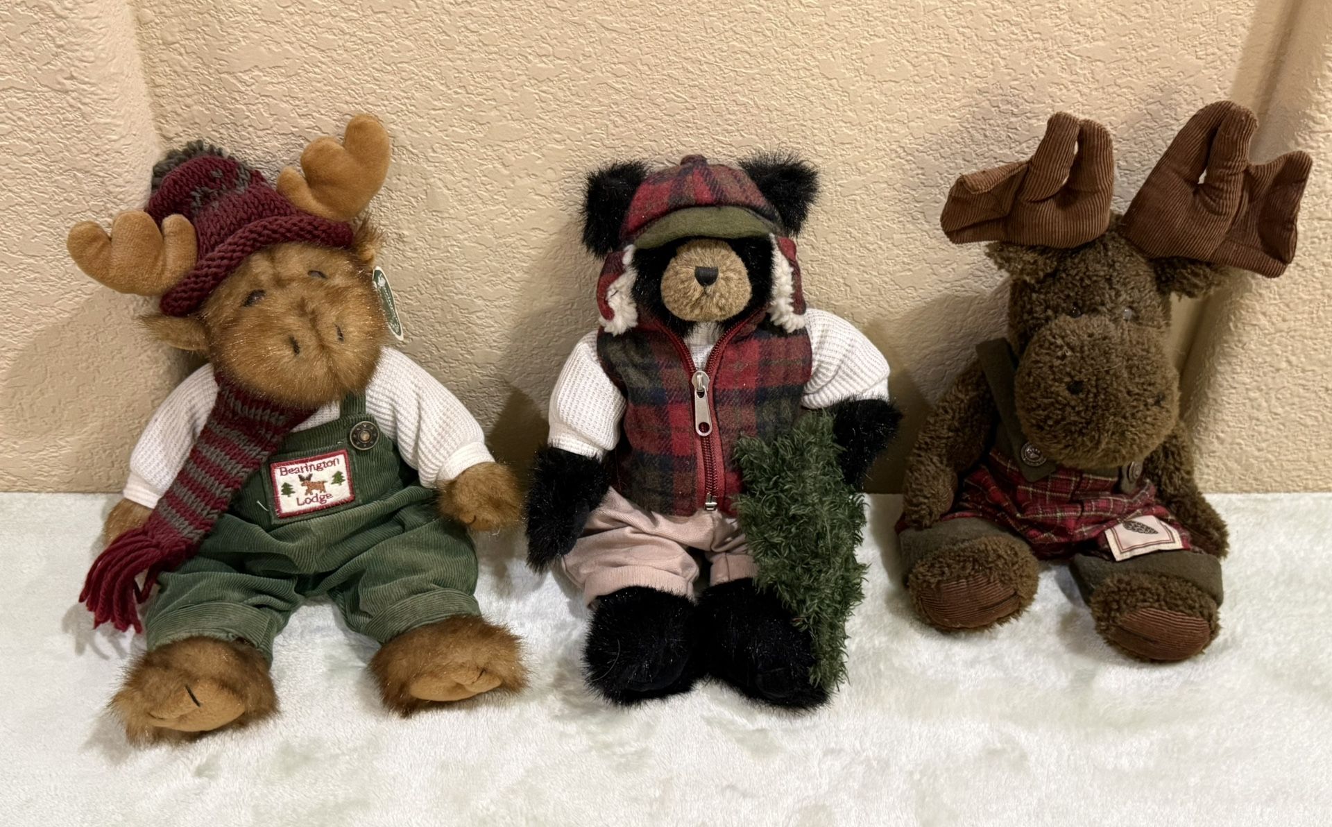 Stuffed Black Bear (14” Tall), Dark Brown Moose (15” Tall) and Light Brown Moose (13 1/2” Tall) $20.00 Each