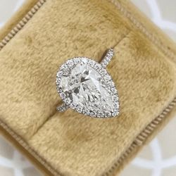 3.86Tcw Pear Cut Lab Grown Diamond/CVD Halo Ring 14k White Gold