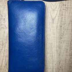 Fossil Genuine Leather Wallet Zip Closure Zip Coin Card Pockets Blue Women