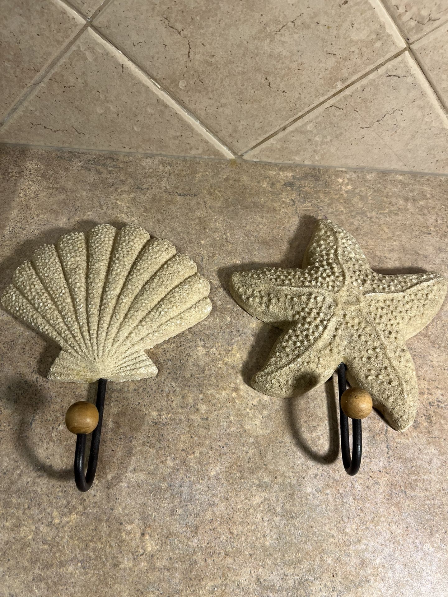 Set of 2 Nautical/Beach Theme Heavy Sand Looking Ceramic Hanging Hooks