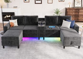 Sectional Couches for Living Room, 6 Seat Sectional Sofa Smart Module-Bluetooth Speaker/RGB Light/Charging Station