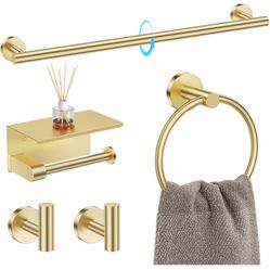 5 Piece Bathroom Towel Bar Holder Sets Brushed Gold Bathroom Hardware Set Stainless Steel Toilet Paper Holder with Shelf Bathroom Accessories Kit Wall