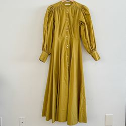 Doen Edlynne Long Mustard Yellow Green Dress Size XS 100% Organic Cotton