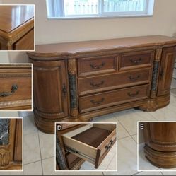 Large Wood Buffet / Sideboard with Drawers Cabinets & Marble Accents – Great Condition