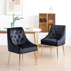 Modern Dining Chairs Set of 2, Mid Century Dining Chairs with 5.12” Cushions and Golden Legs, Velvet Upholstered Chairs with Back Pull Rod, for Kitche