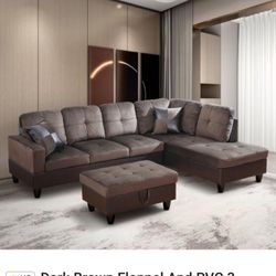 Brand New Brown Microfiber Sectional Sofa With Storage Ottoman 