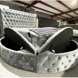 Brand New❇️ Height Quality Round Queen Bed With Storage Gray Velvet ✅ Color Options👌