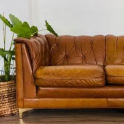 Vintage Cognac Leather Modern Tuxedo Chesterfield Style Tufted Sofa  3 Seater