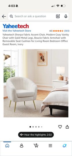 $50 Yaheetech Sherpa Fabric Accent Chair, Modern Cozy Vanity Chair with Gold Metal Legs, Boucle Ivory