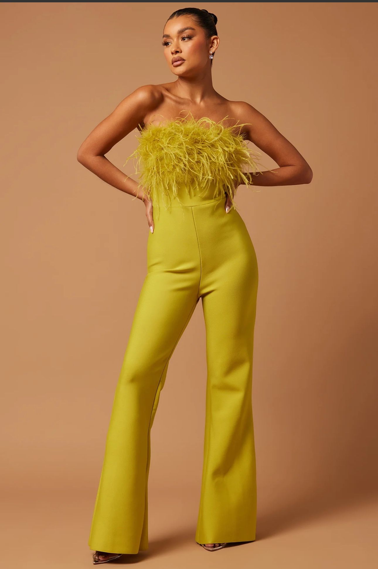 Fay Feather Bandage Jumpsuit in Chartreuse