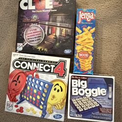 Board Games Clue, Connect 4, Big Boggle , Jenga 