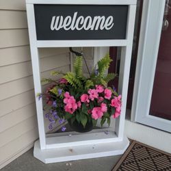 Hanging Flower Basket Stand With House Welcome Sign