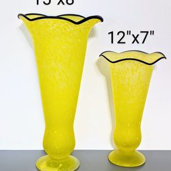 Satin Tango Vase Yellow Handblown Glass with blue trim on top