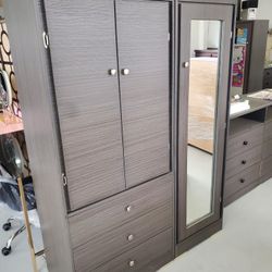 New Grey Assembled Armoire Wardrobe With Mirror Shelving Storage Special 