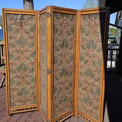 Antique Carved Wood Room Divider Screen 72" x 88" – Leather Look