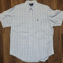 Mens Sz XXL Ralph Lauren Classic Fit Blue and White Plaid Short Sleeve Shirt, Worn Once, came straight here (heavily starched) from the dry cleaner