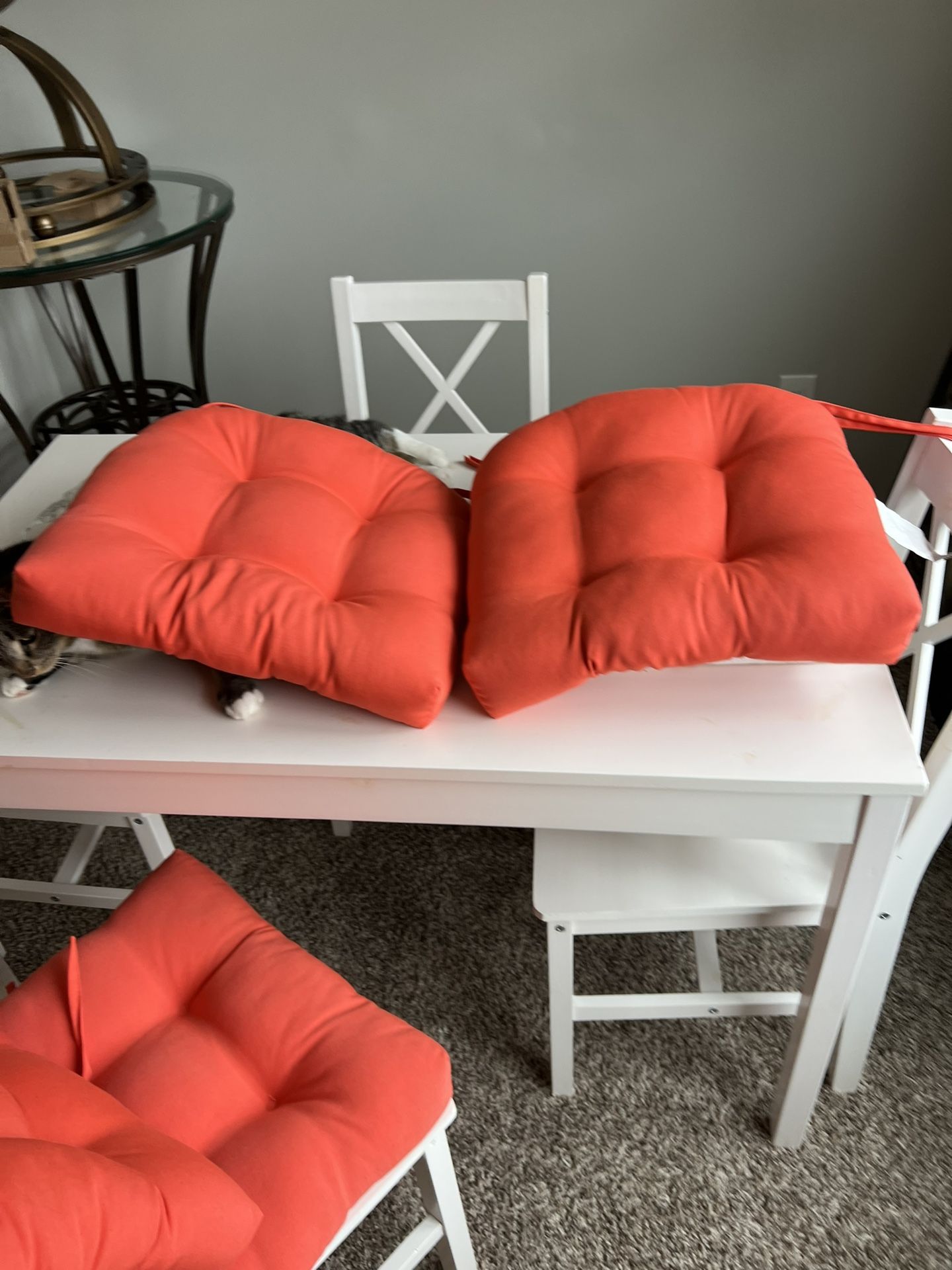 Orange cushions for wooden chairs