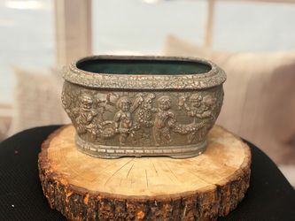 Vintage Metal Planter with Cherub Relief