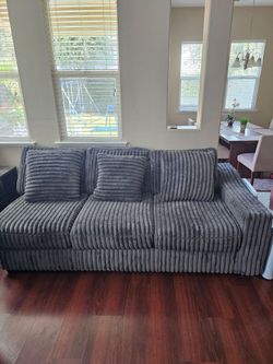 Gray Corduroy Fabric Sofa with Throw Pillows