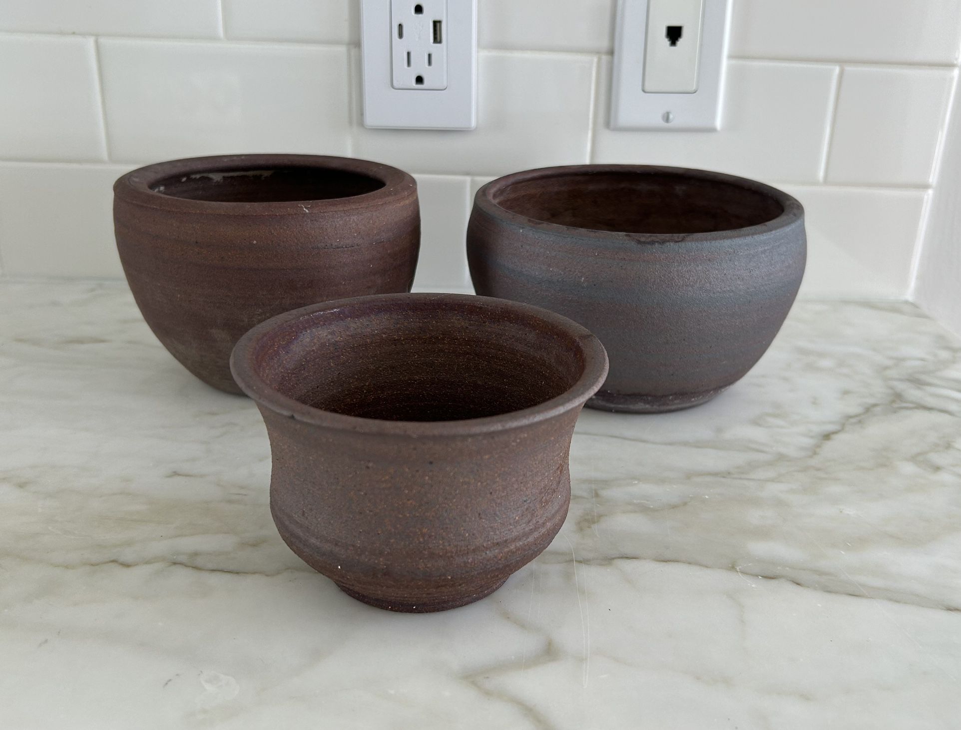 Vintage Lot 3- Rare Clay Stoneware Pottery Planters Purple Pots Handcrafted Mid Century unglazed Ceramic Plants Flowers Vase Handmade Rare Collectible