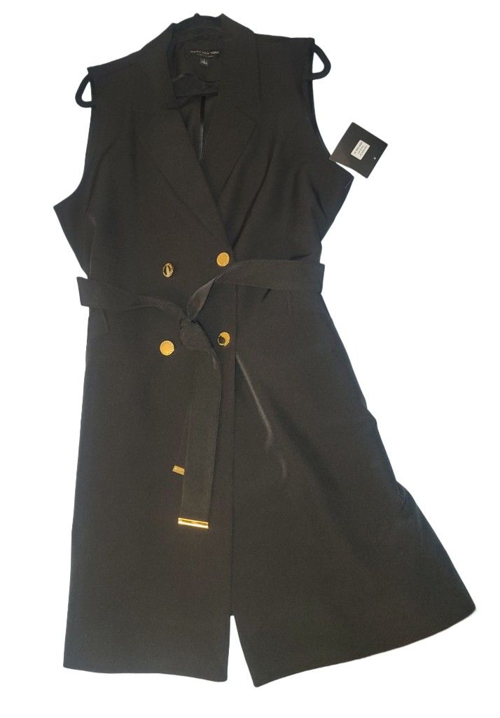 Marc New York "Andrew Marc" Black longline Sleeveless Cardigan Vest, Size L, Gold Buttons, pockets and belt. Brand New!