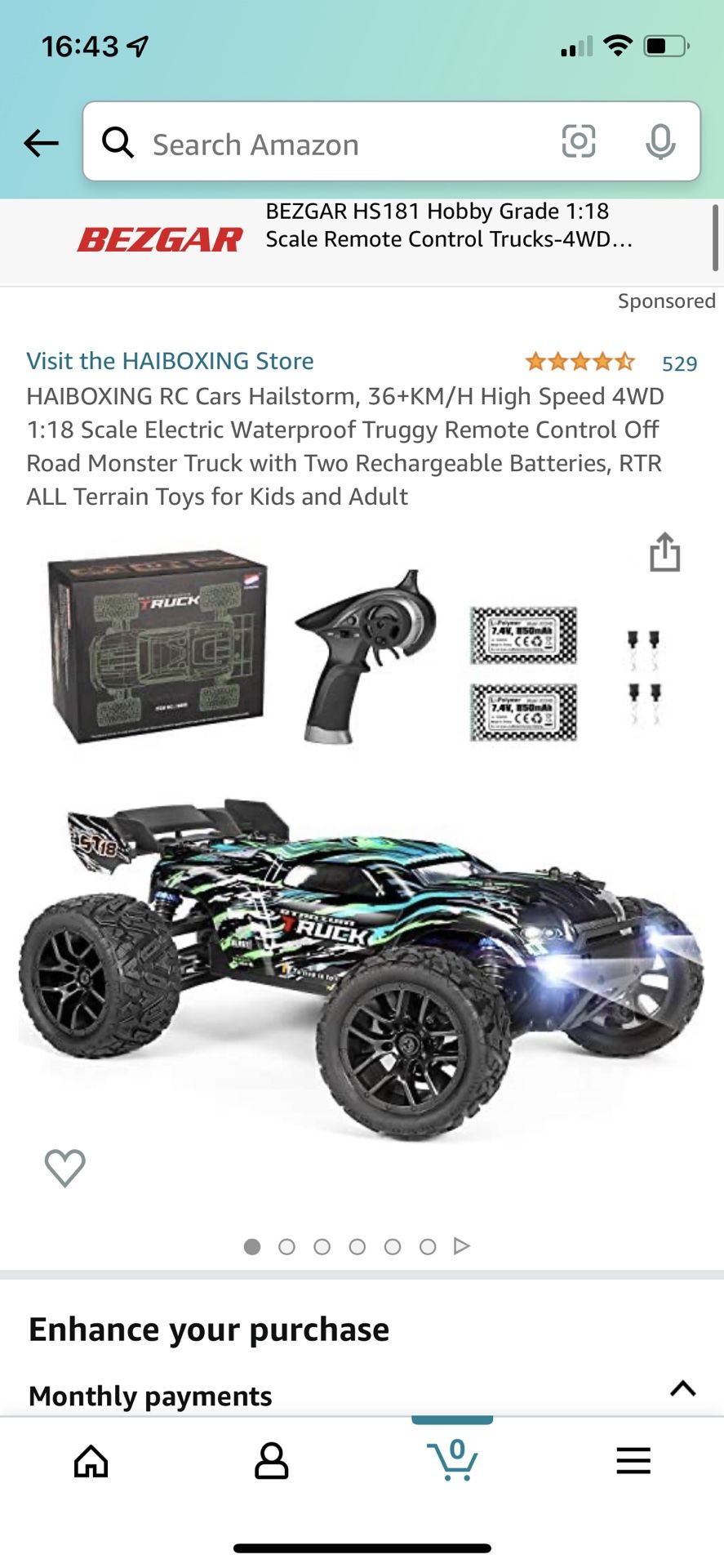RC Cars Hailstorm, 36+KM/H High Speed 4WD 1:18 Scale Electric Waterproof Truggy Remote Control Off Road