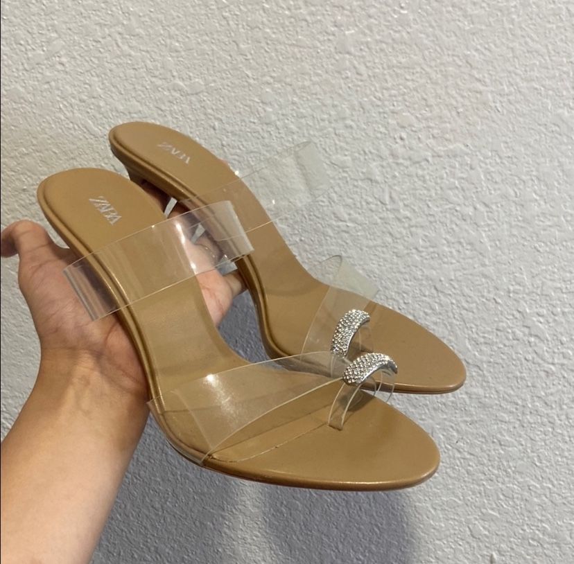 Zara Tan And Clear Strap Heeled Sandals