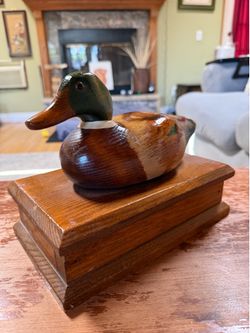 Vintage Wooden Mallard Duck Decoy Trinket Storage Box Hand Painted Rustic Decor