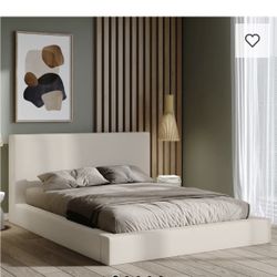 King Size Bed Upholstered Platform Bed white / beige