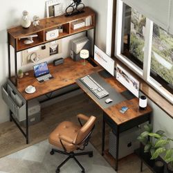 Yoobure L Shaped Desk with LED Strip & Power Outlet, Reversible L-Shaped Computer Desk, Corner Desks Home Office Desk with Drawer, Gaming Desk