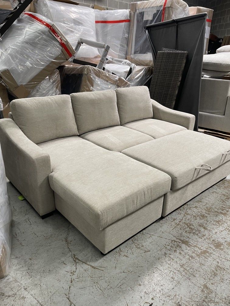 Beige sleeper sofa sectional couch pullout bed with storage