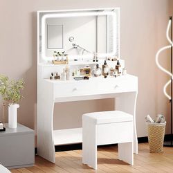 Vanity Makeup Table Desk Set with LED Light Mirror & Power Outlet, with 4 Drawers, Modern White