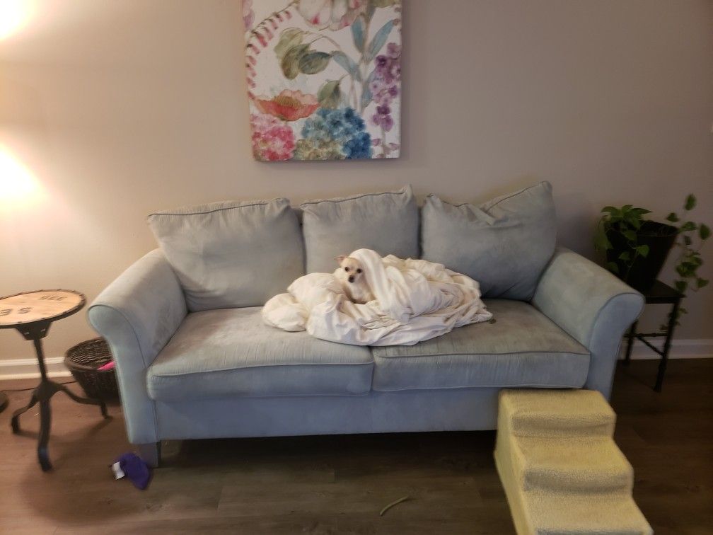 Blue suede sofa