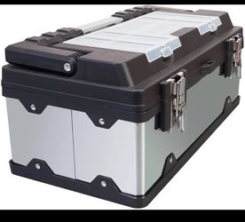 18-Inch Stainless Steel and Plastic Portable Tool Box with Metal Lock, Multiple Compartments, Clear Lid, and Removable Trays, Steel Brand New