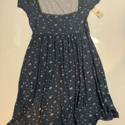 Navy Blue Floral Babydoll Dress Cap Sleeves Lace Trim Whimsical Romantic Women's S