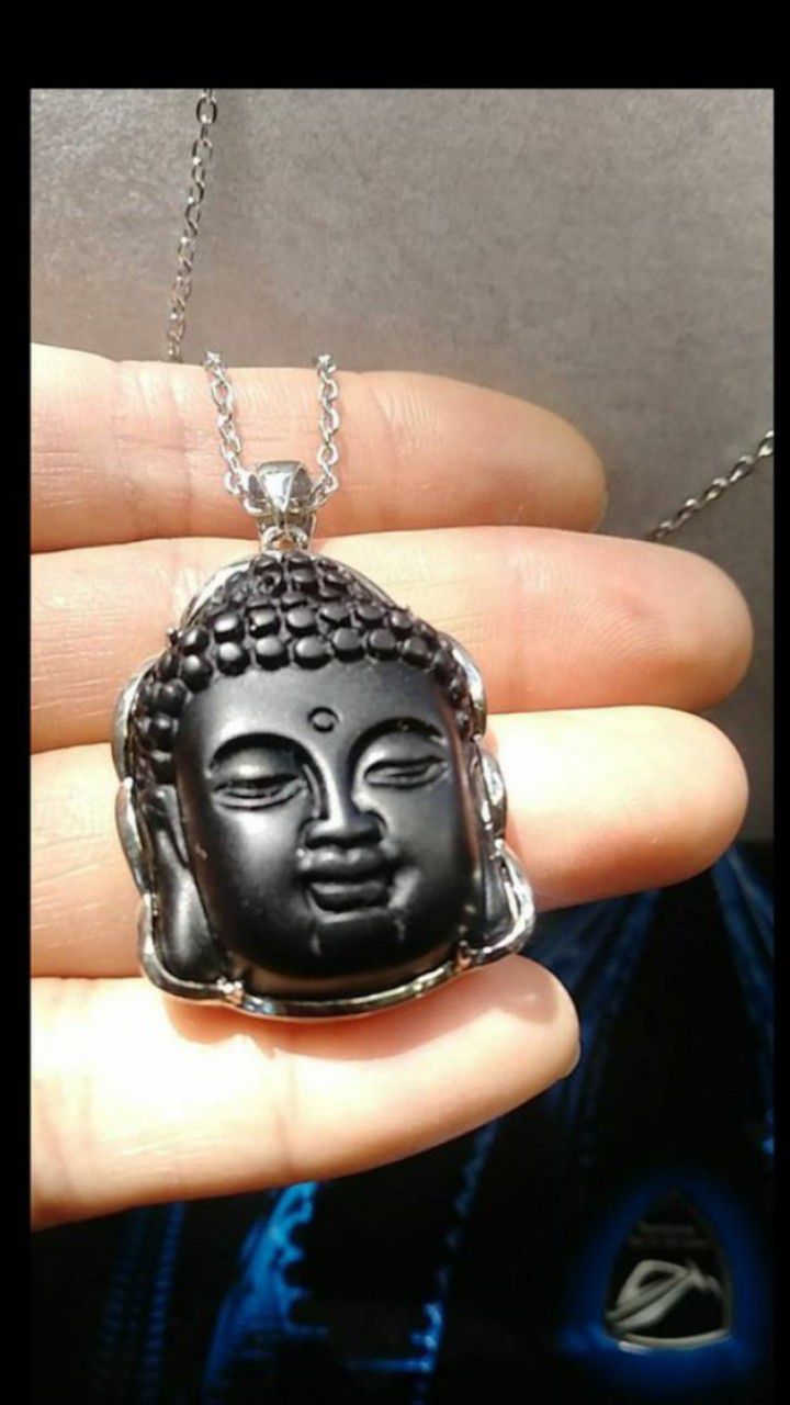 Wrapped Carved Natural Black Obsidian Buddha Head Pendant 316L stainless steel chain 20" 2mm lead free nickle free stamp 925 bail