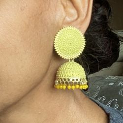 Vintage Silver Golden Yellow Earrings Jhumka. Royal Intricate Handcrafted Craftsmanship 2.25". Traditional Exquisite Intricate Craftsmanship.

